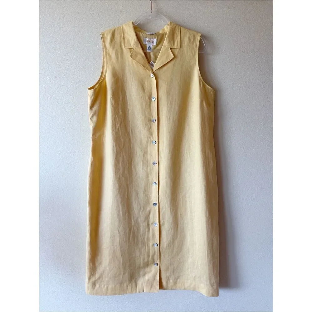 Talbots Yellow Irish Linen Shift Dress Sleeveless Button Front Midi Size 18 NWT - Picture 2 of 9